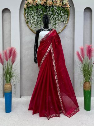 Trending Red Color Jimmy Choo Saree with Embroidery Sequence Work