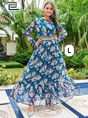 Trendy Georgatte Print with Long Flair and Frill Gown with Long sleeves Gown