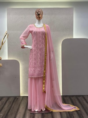 Trendy Georgette Sequence Embroidery Suit Set with Stitched Sharara and Dupatta