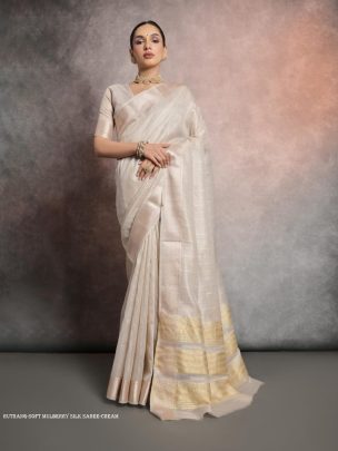 Trendy Resham Zari Woven Cream Silk Saree Festive Wear