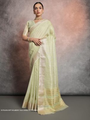 Trendy Resham Zari Woven Pista Green Silk Saree Festive Wear