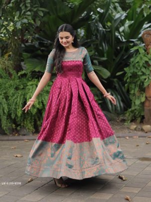 Wine Banarasi Jacquard Silk Designer Gown