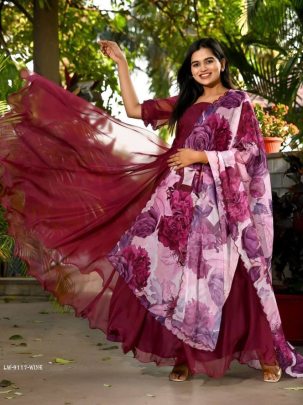 Wine Plain Readymade Tebby Silk Gown With Printed Dupatta