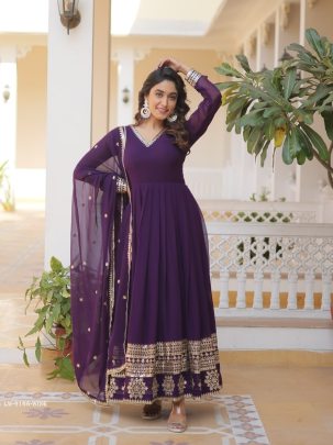 Wine Readymade Sequins Faux Blooming Gown with Dupatta