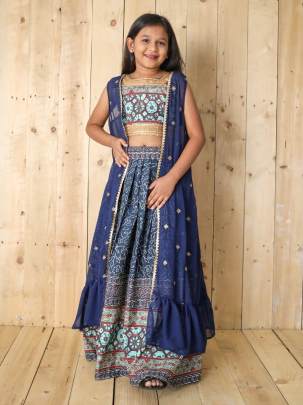 Yaana vol 2 By Aayaa Blue Floral Digital Print Kids lehenga Choli with Shrug 205