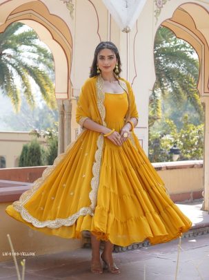 Yellow Attractive Sleeveless Faux Georgette Readymade Gown