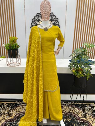 yellow color maska cotton silk with real mirror handwork lace border with full sleeve Palazzo suit 