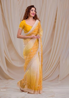 Yellow Colour Georgette Saree With Mono Banglory Silk With Multi thread Sequence blouse