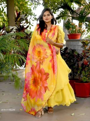 Yellow Plain Readymade Tebby Silk Gown With Printed Dupatta