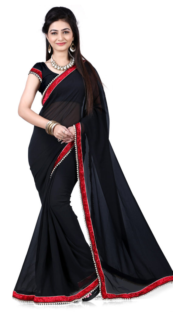Black Net Saree with Red Border