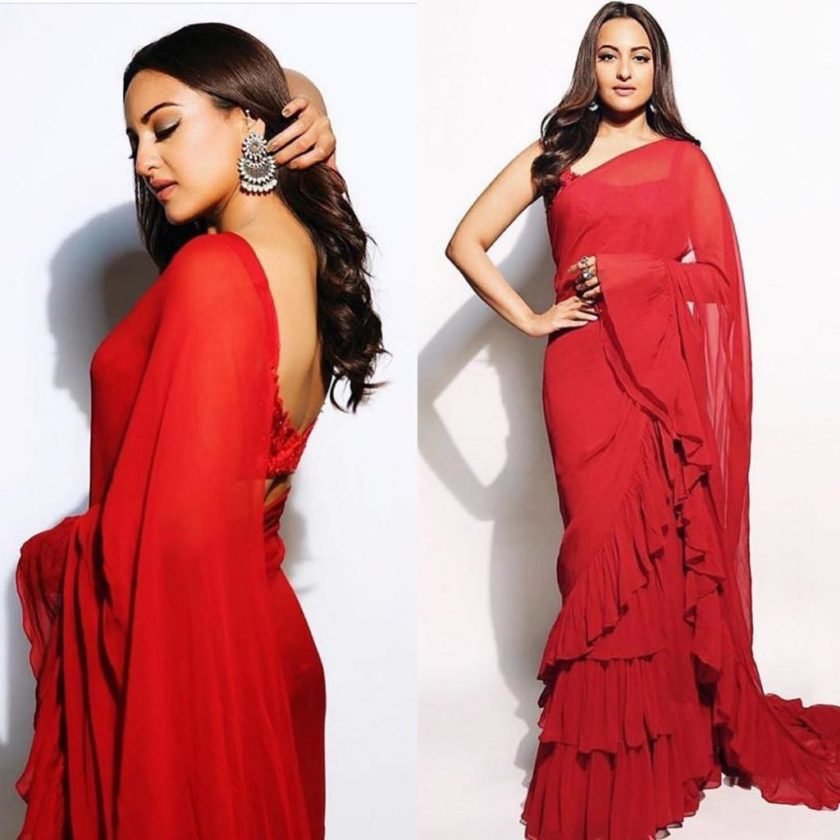 Sonakshi Sinha red color ruffle sarees