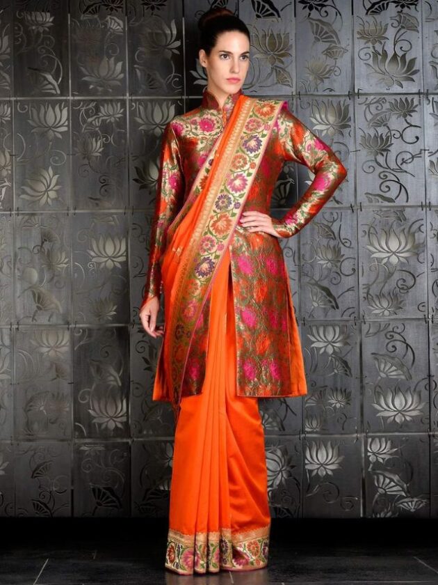 Women Wearing A Saree with A Brocade Jacket