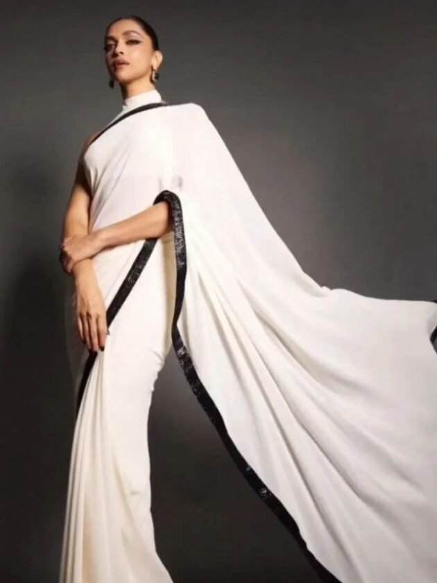 Deepika Padukone in Ivory Saree with Black Sequin Border