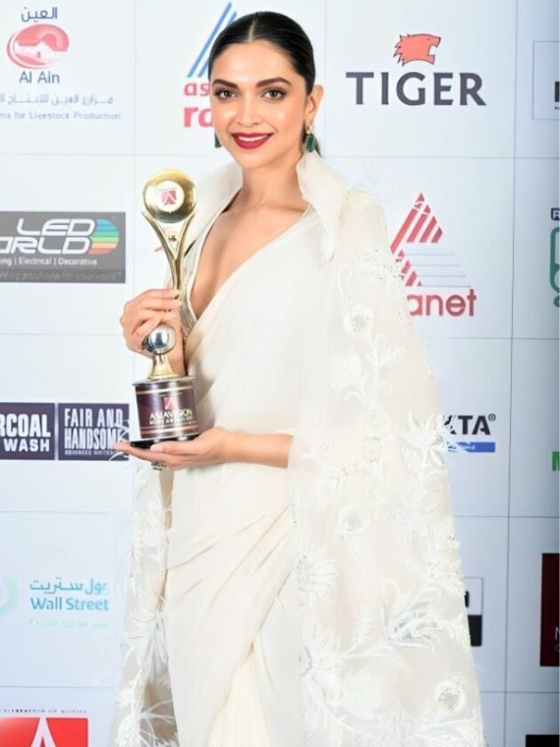 Deepika Padukone in Ivory White Embroidered Cape Saree