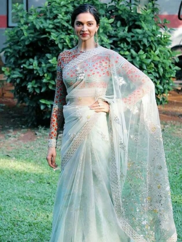 Deepika Padukone in Pastel Green Net Saree with Floral Embroidered Blouse