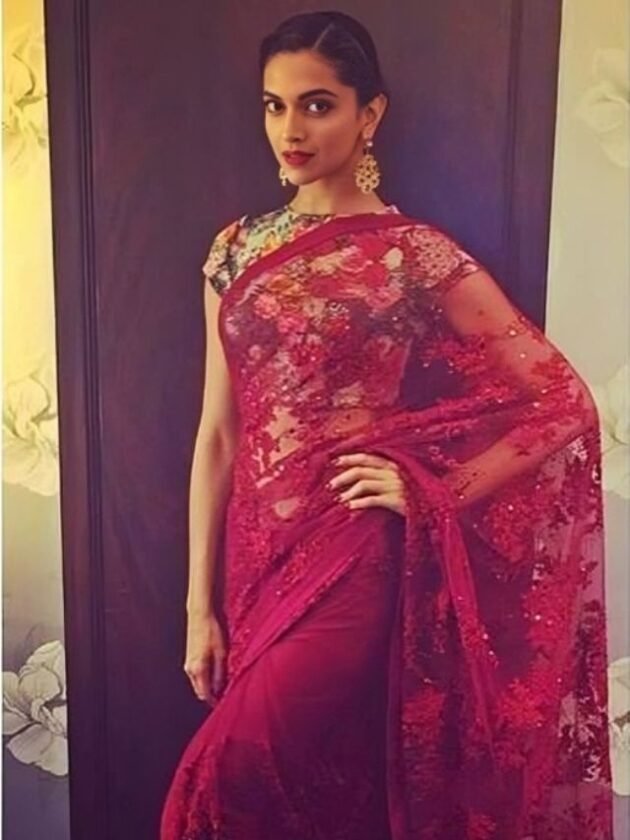 Deepika Padukone in Red Embroidered Net Designer Saree