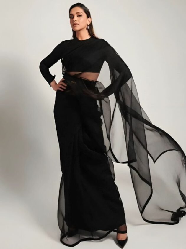 Deepika in Plain Black Net Saree