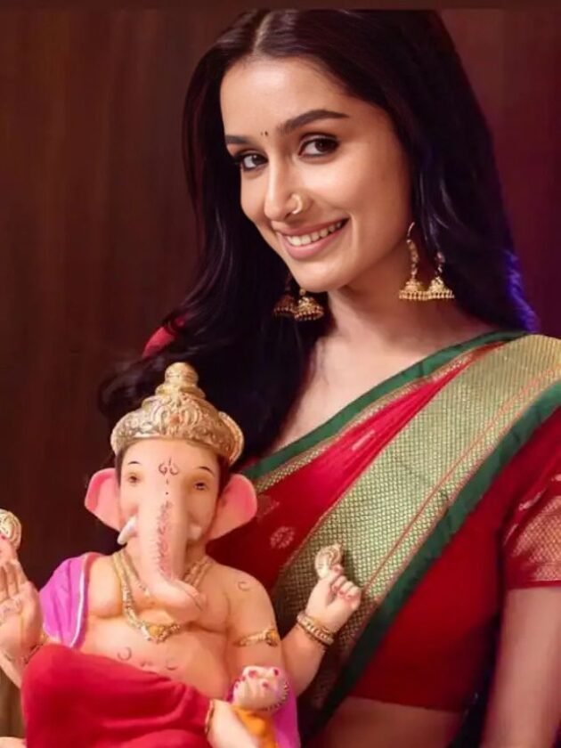 Shraddha Kapoor in Red Silk Saree with Ganpati Bappa