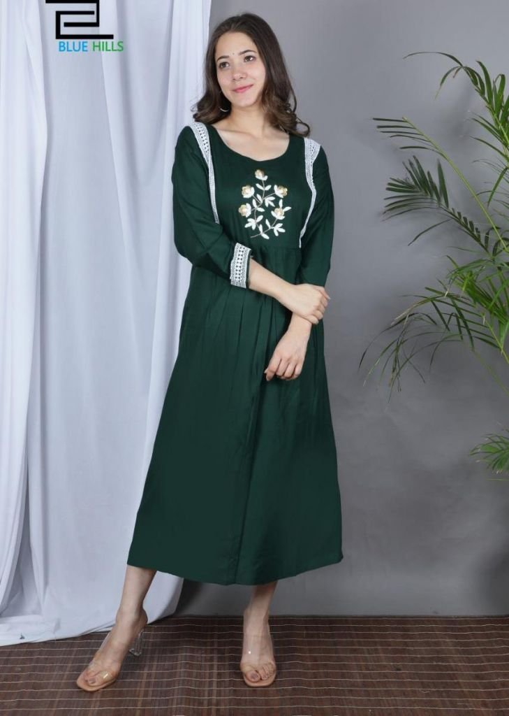 Dark Green Readymade Cotton Hand Work Kurti with Bottom main image 1