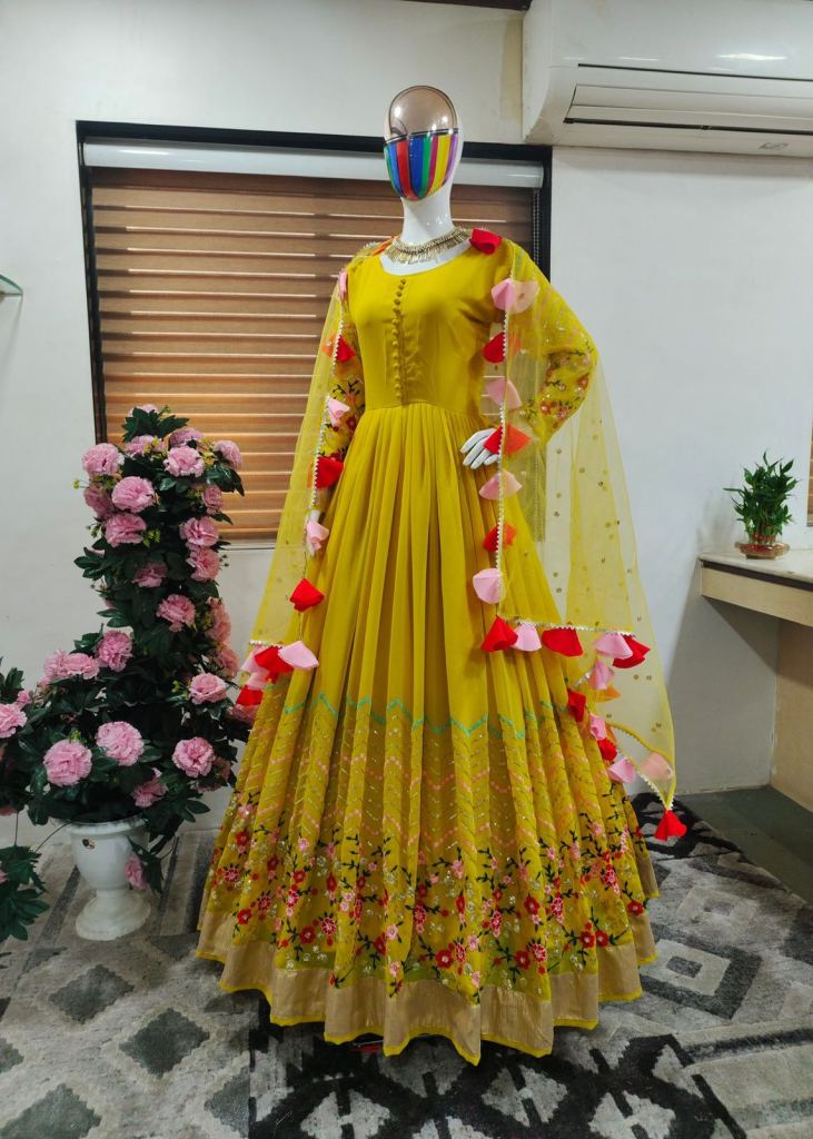 Sayuri 5372 Qurbat Yellow Semi Stitched Georgette Work Anarkali Gown