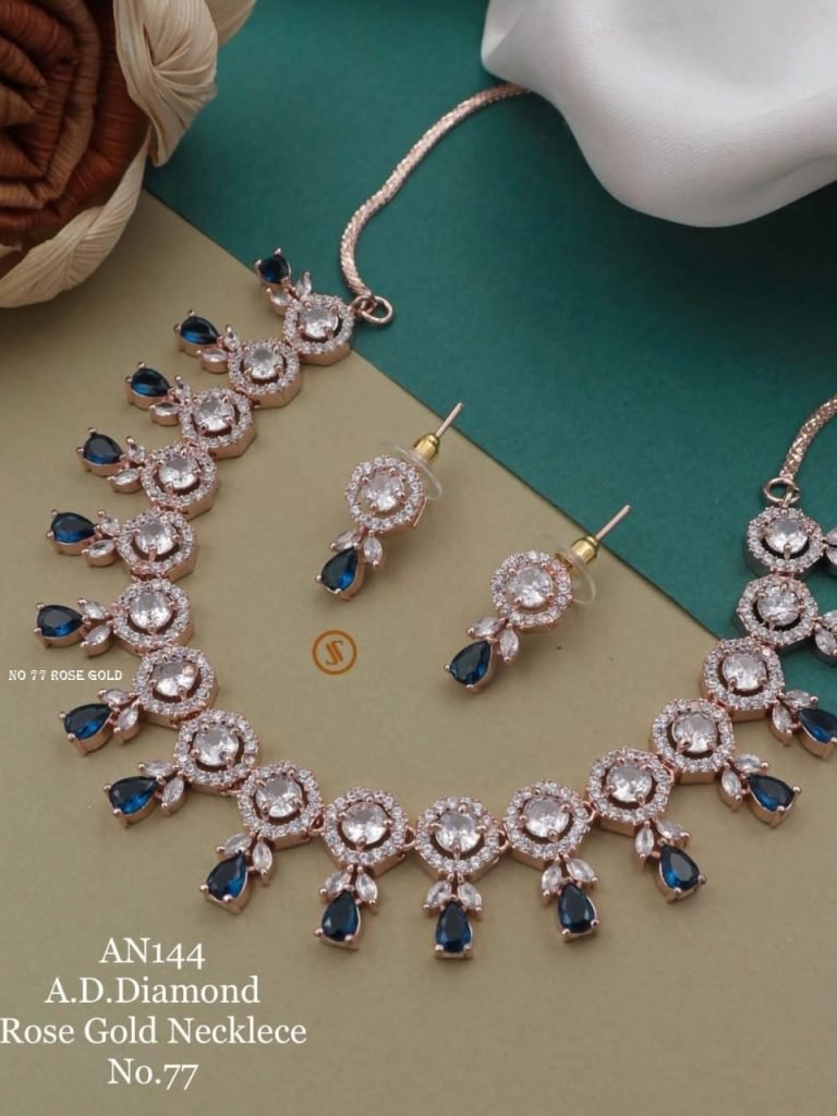 American Diamond Rose Gold and Blue Stone Necklace AN 144