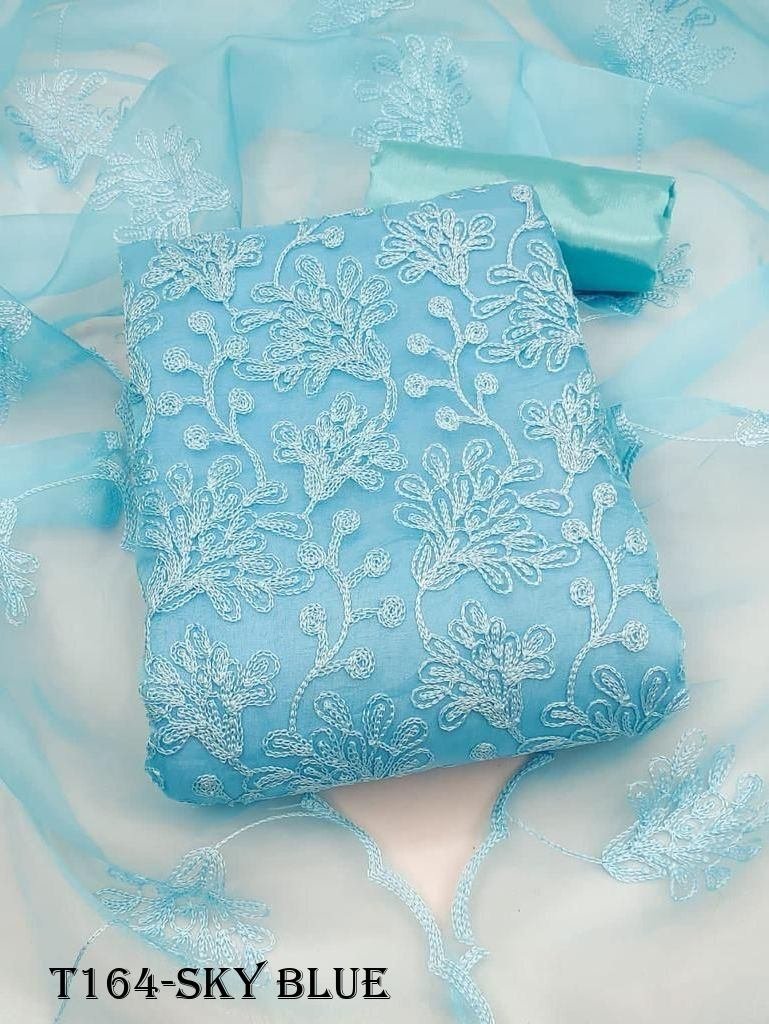 Beautiful Sky Blue Organza Dress Material For Women