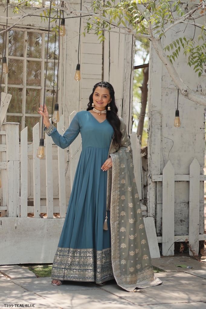 Designer Fancy Teal Blue Georgette Gown With Sequins Work Designer Fancy Teal Blue Georgette Gown With Sequins Work