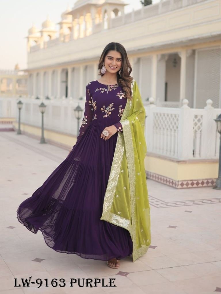 Elegance Embroidered Faux Georgette Purple Gown with Russian Silk Dupatta