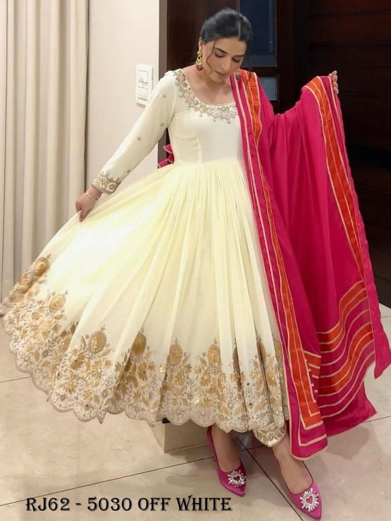 Exclusive Party Wear Off White Gown Set with Fully Stitched Pant and Dupatta