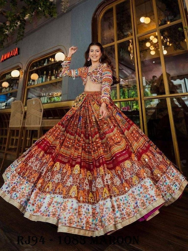 Festive Fusion Gujarati Garba Maroon Print Mirror Work Chaniya Choli