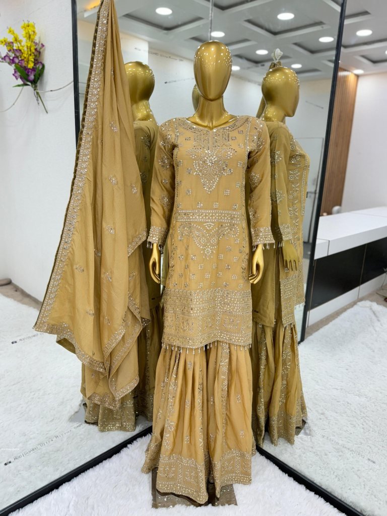 WOMEN GOLD Chinnon Silk EMBROIDERY PARTY WEAR SUIT SET