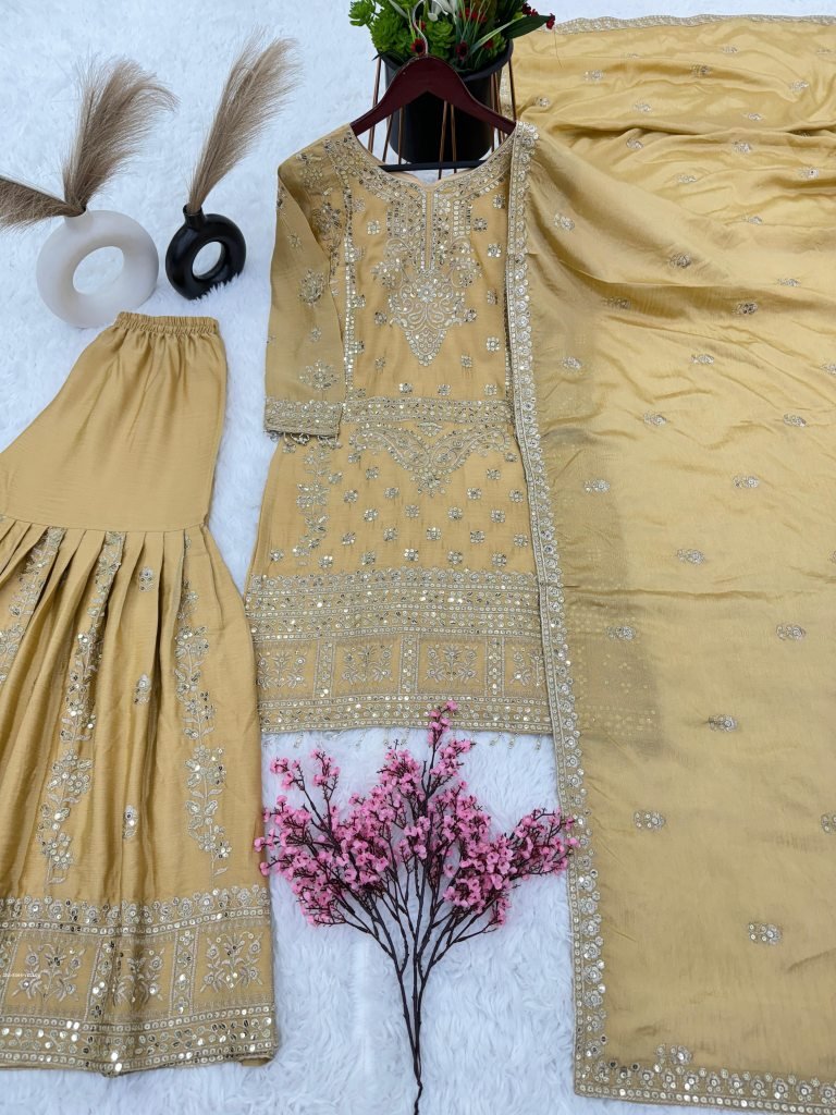 Elegant Heavy Chinnon Silk Set with Embroidery & Sequence Work main image 0