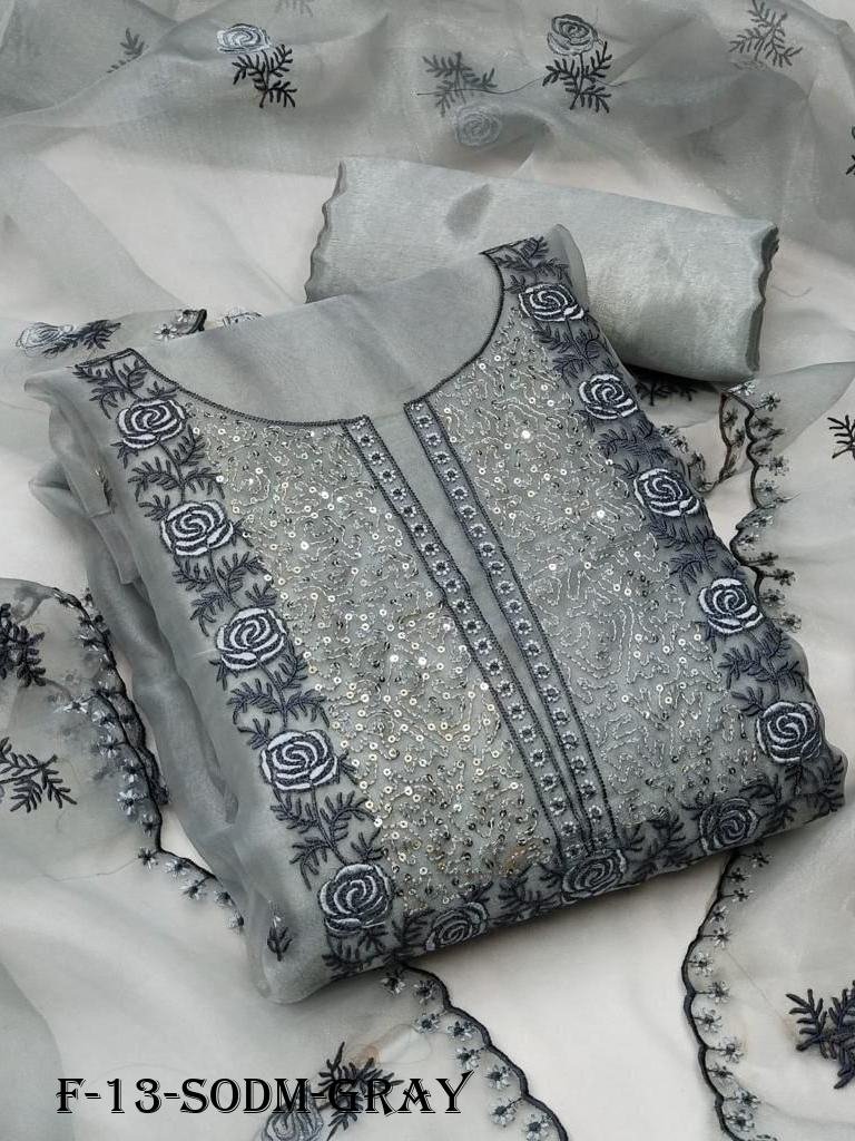 Gray Sequense Work Organza Dress Material