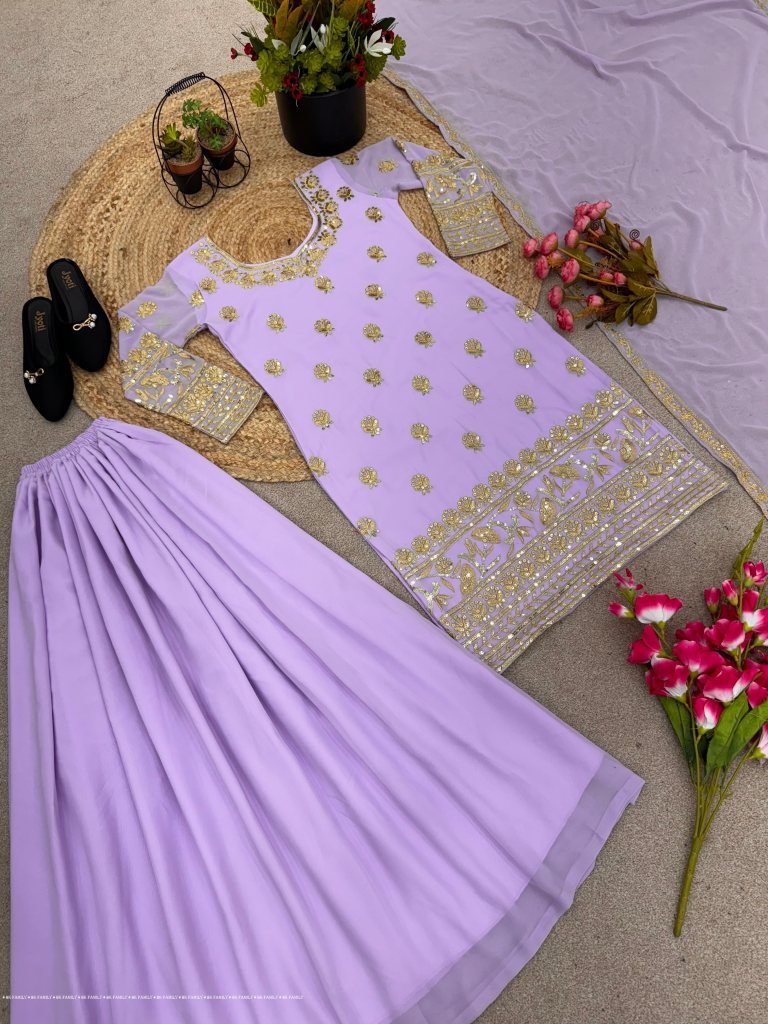 HEAVY FAUX GEORGETTE WITH BEAUTIFUL EMBROIDERY SEQUENCE & THREAD WORK WITH LACE BORDER PALAZZO KURTI