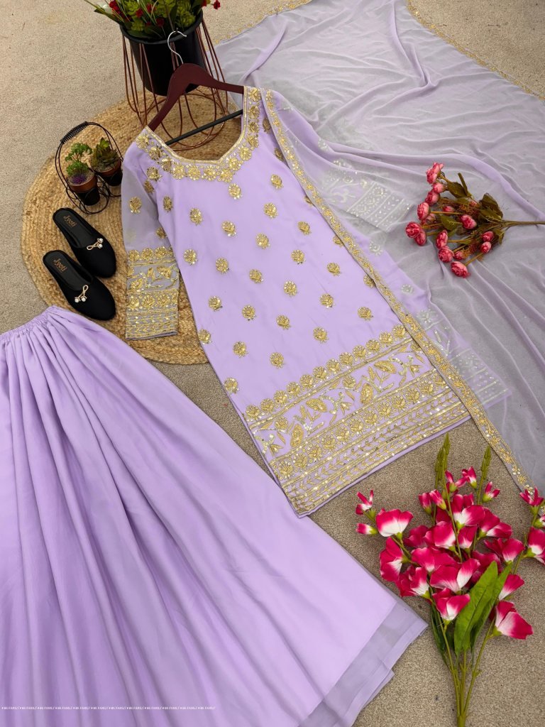 Heavy Faux Georgette With Heavy Embroidery Sequence Work With Full Sleeve Top And Plazo