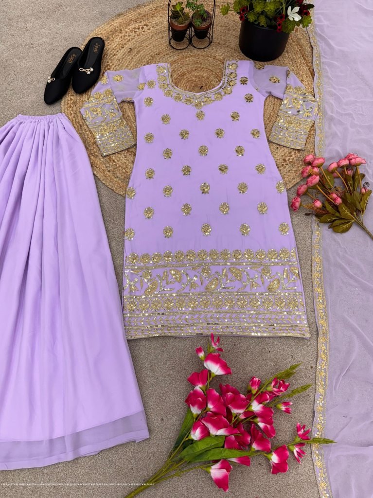 HEAVY FAUX GEORGETTE WITH BEAUTIFUL EMBROIDERY SEQUENCE & THREAD WORK WITH LACE BORDER PALAZZO KURTI main image 1