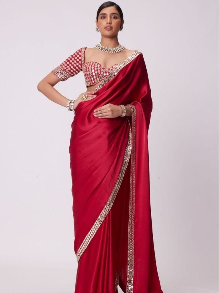 Heavy Real Mirror Work Red Colour Crape Silk Saree