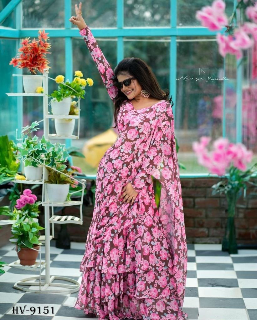Ruffle Ready-to-Wear Faux Georgette Saree with Pearl Lace Border & Digital Print main image 0