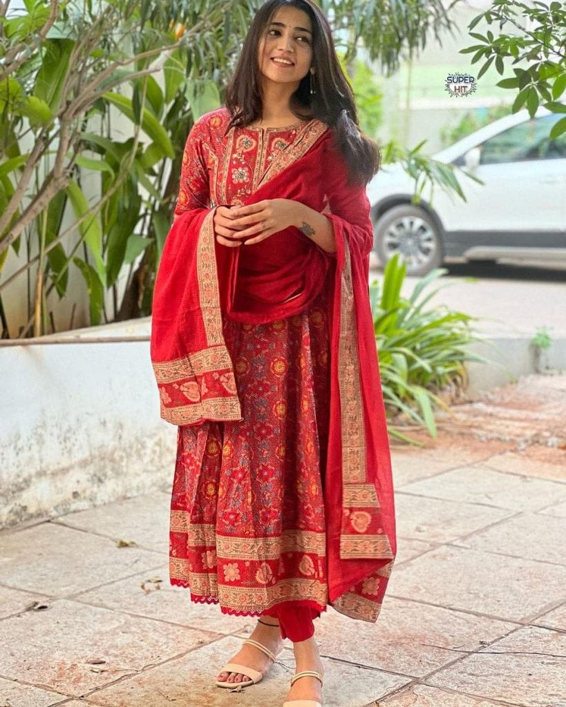 Red Printed 3/4 Sleeve Cotton Anarkali Kurta