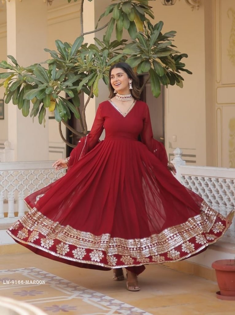 Maroon Sequins Multithreaded Embroidered Gown main image 1