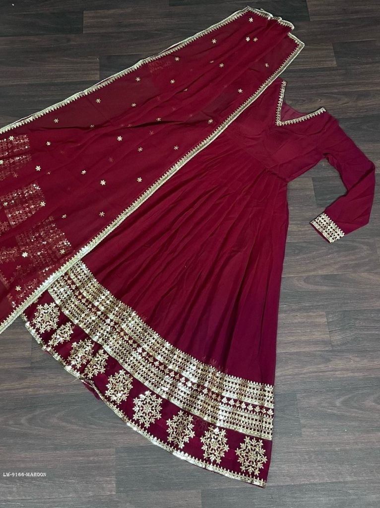 Mridula Maroon Faux Blooming Sequins Embroidered Work Gown with Dupatta