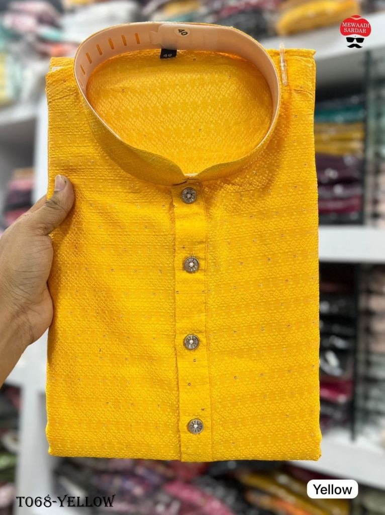 Mens Wear Jacquard Work Cotton Yellow Kurta With Pyjama Set