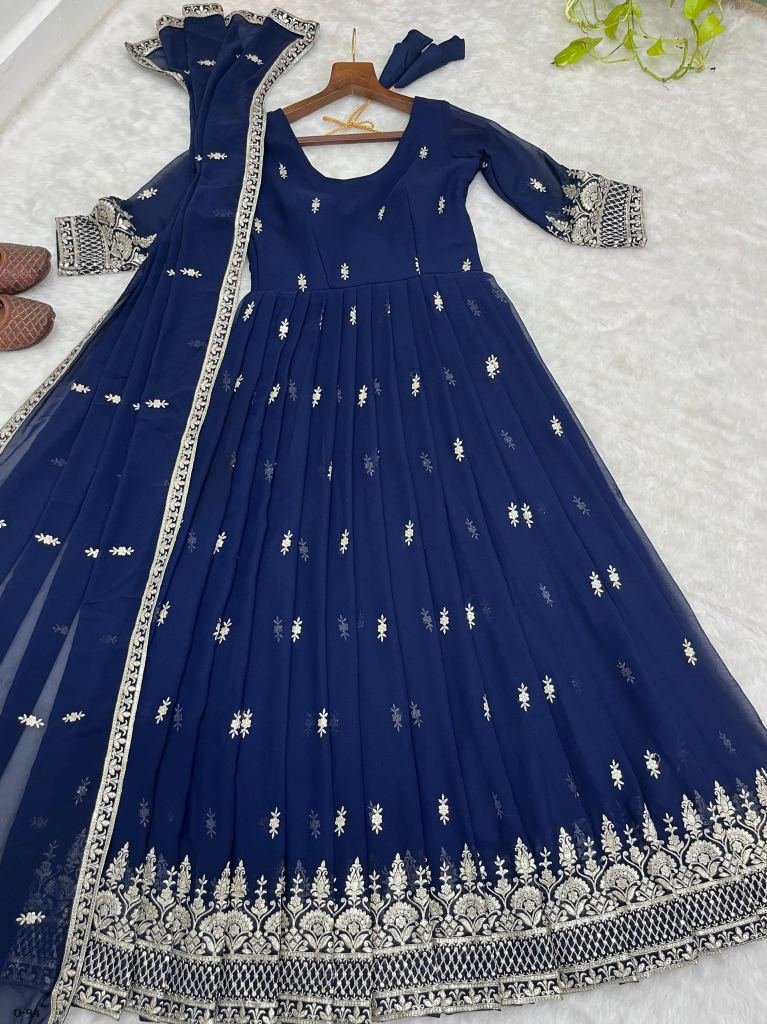 New Fox Georgette Embroidered Navy Blue Gown