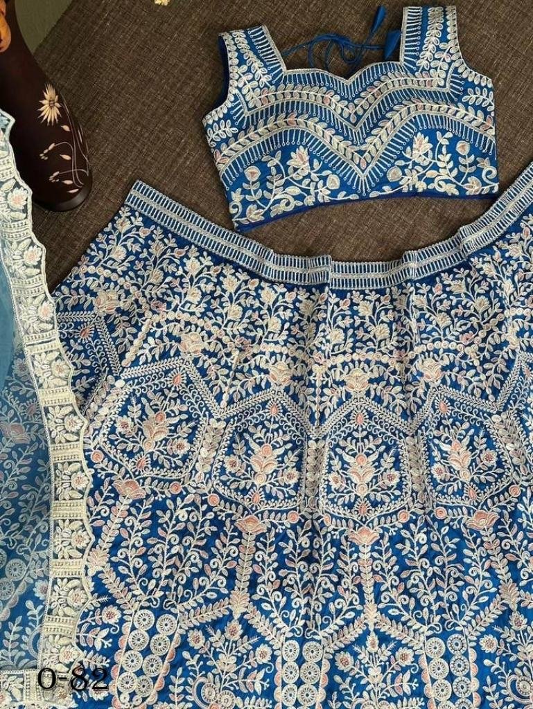 Blue Tasar Silk Foil Print Embossed Lace Work Lehenga Choli with Dupatta