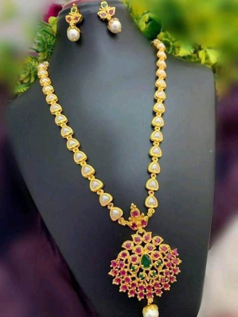 One Gram Gold Plated Pearl Chain With Pink American Diamond Stone