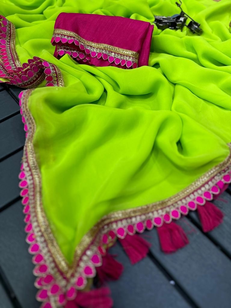 Parrot Green Soft Georgette Saree With Sabyasanchi Lace