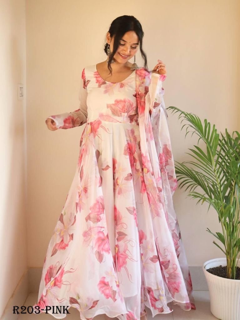 Pink Digital Printed Organza Taby Silk Gown With Printed Dupatta