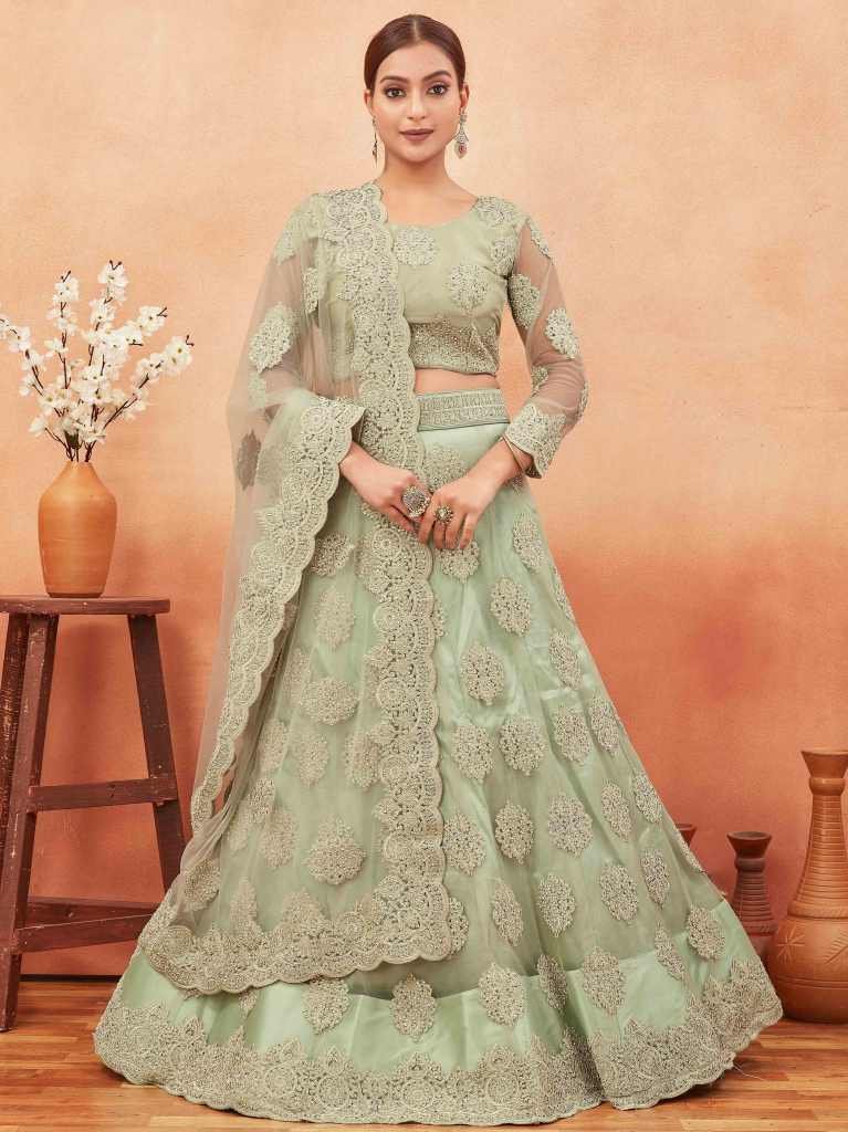 Wedding Green Colour Lehenga Design Pista Green Net Embroidered Lehenga Choli Wedding Green Colour Lehenga Design Pista Green Net Embroidered Lehenga Choli