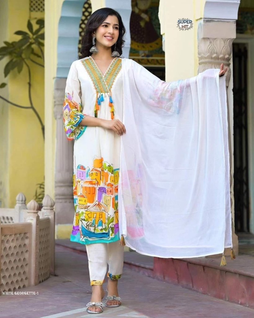 Pure Printed Georgette top with Embroidery and mirror work