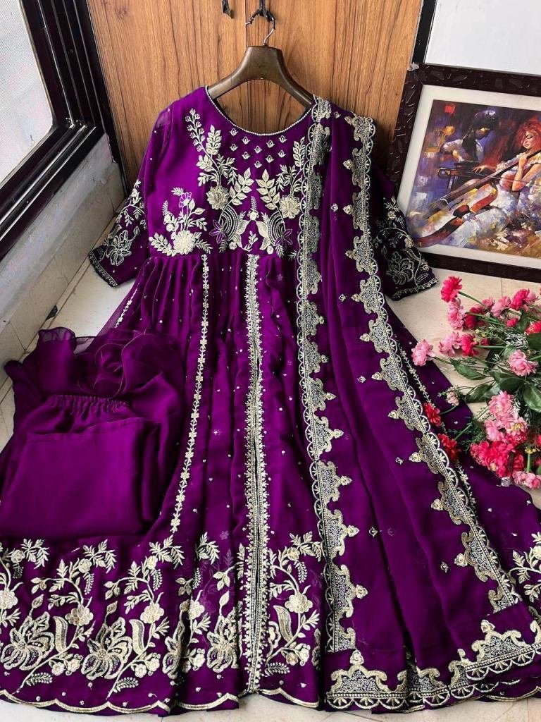 Purple Designer Zari Embroidery Work Georgette Gown